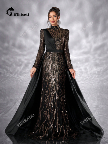 Estélyi ruha patchworkban, anyag: poliészter-spandex, álló gallér, hosszú ujjú