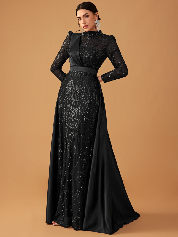 Estélyi ruha patchworkban, anyag: poliészter-spandex, álló gallér, hosszú ujjú