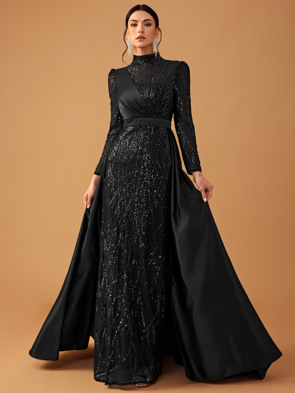 Estélyi ruha patchworkban, anyag: poliészter-spandex, álló gallér, hosszú ujjú