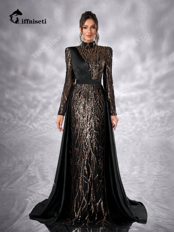 Estélyi ruha patchworkban, anyag: poliészter-spandex, álló gallér, hosszú ujjú