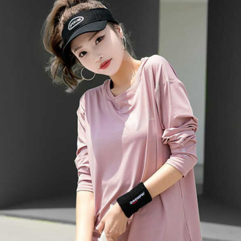 Ženski sportski T-shirt s dugim rukavima, brzo suši, pokriva bokove, polo ovratnik, poliester