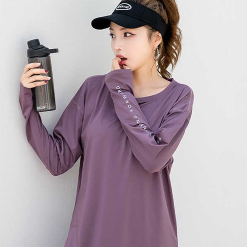Ženski sportski T-shirt s dugim rukavima, brzo suši, pokriva bokove, polo ovratnik, poliester
