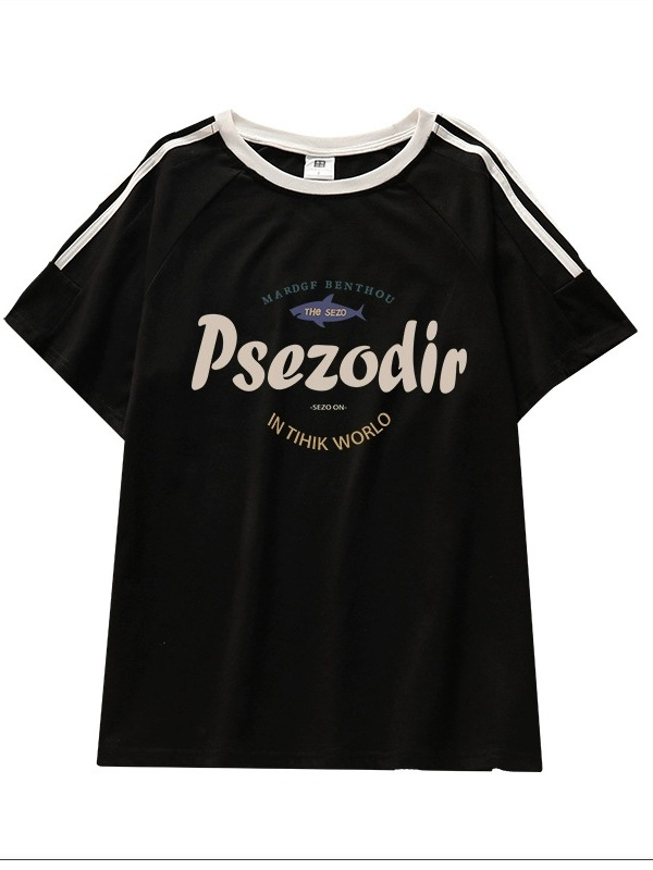 Majica kratkih rukava s tri pruge, 95% pamuka, američkog stila, okrugli izrez, slobodan kroj, srednja duljina, ljeto 2025, street hipster stil