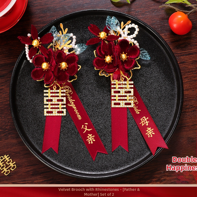 Kāzu boutonieru komplekts līgavim un līgavai ar zīda ziediem – pilns komplekts, ķīniešu stils, zīmols Romantic Celebration