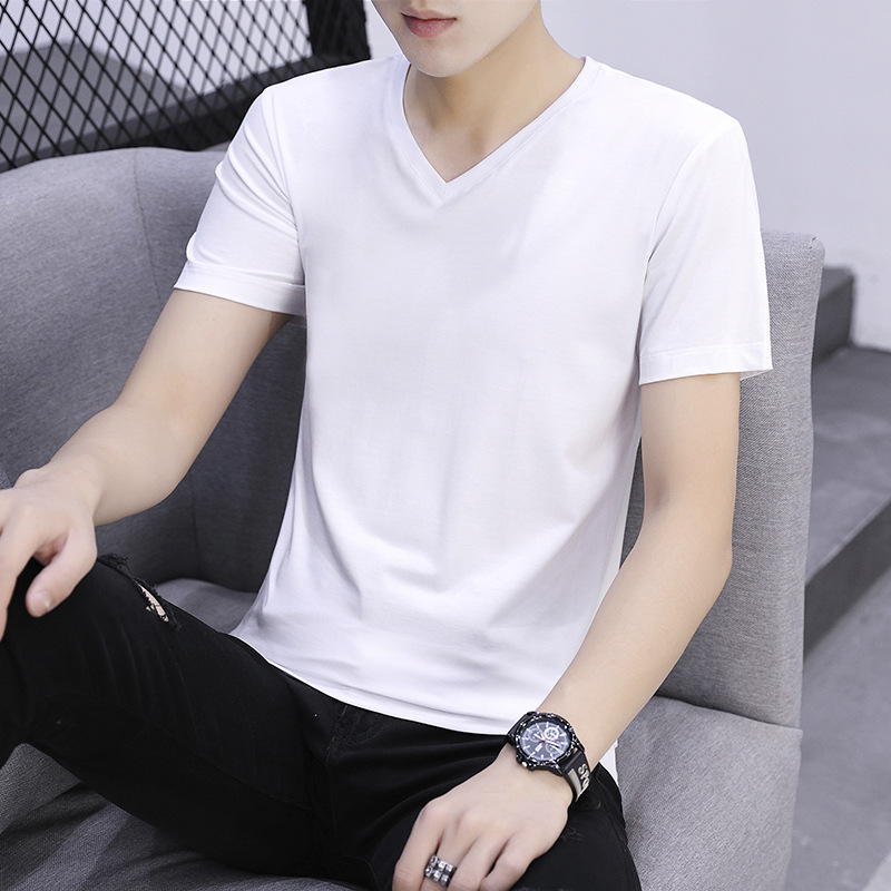 Vyriniai medvilniniai V kaklo T-marškinėliai su trumpomis rankovėmis, slim fit
