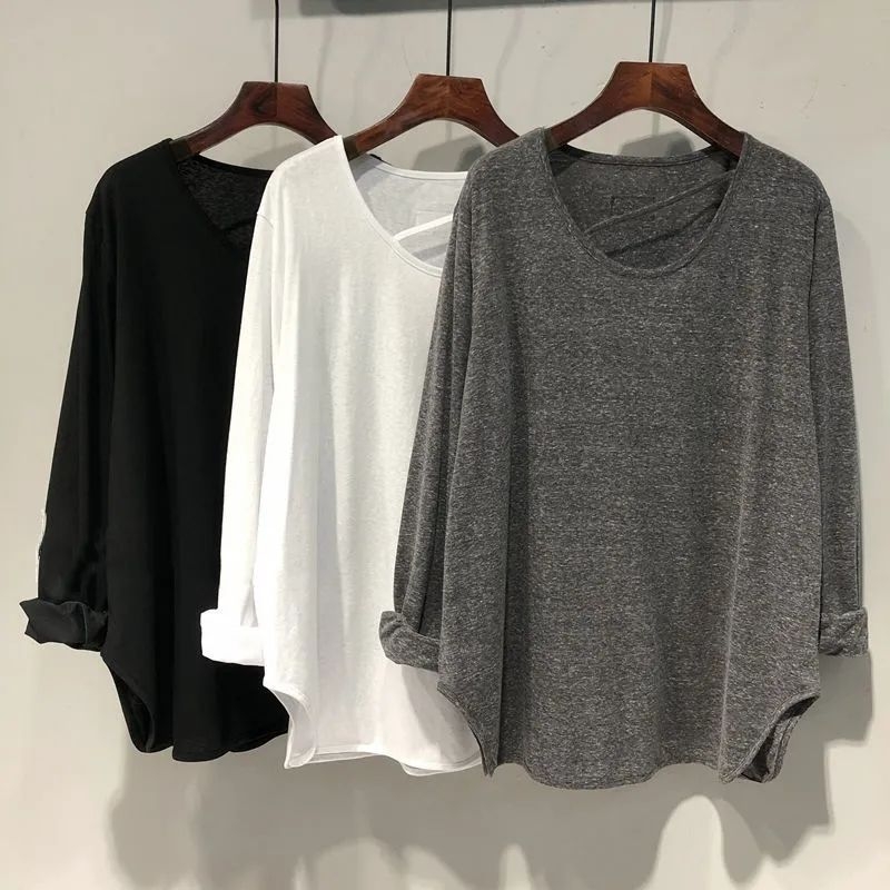 Ženski T-shirt s dugim rukavima, nepravilno opuštena silueta, mješavina poliestera i pamuka, T-shirt s U-izrezom, proljeće 2024