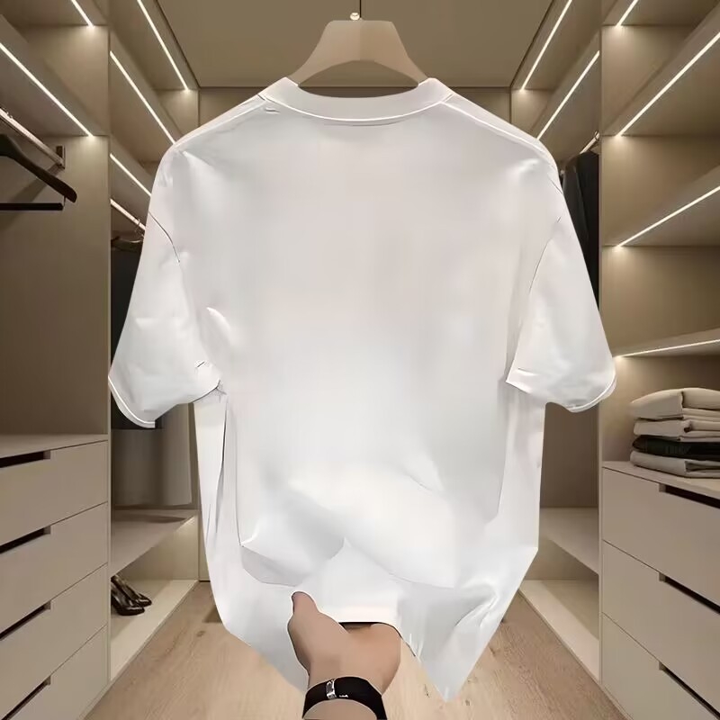 Vyrų laisvo kirpimo trumpom rankovėm marškiniai su spauda, 96% combed cotton, kvėpuojantis vasaros audinys, šilumos perdavimo spauda, svoris 180–250 g/m²