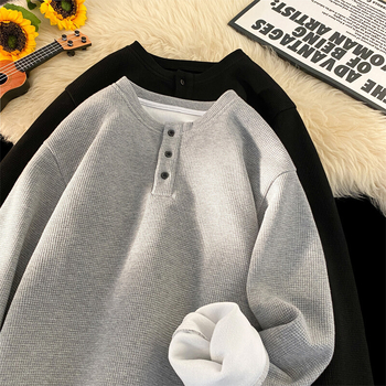 Ilgos rankovės flisinė marškinėliai su japonišku vintago stiliumi, laisvas kirpimas, apvalus kaklo iškirptė, raglan rankovės, žiemai