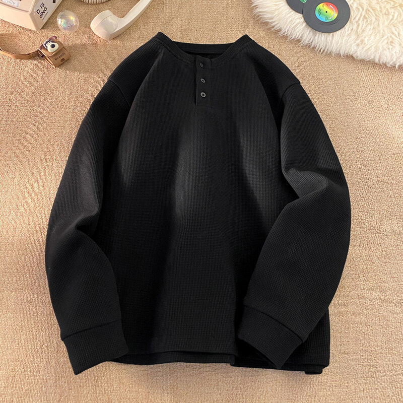 Ilgos rankovės flisinė marškinėliai su japonišku vintago stiliumi, laisvas kirpimas, apvalus kaklo iškirptė, raglan rankovės, žiemai