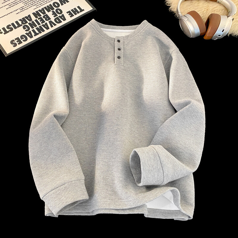 Ilgos rankovės flisinė marškinėliai su japonišku vintago stiliumi, laisvas kirpimas, apvalus kaklo iškirptė, raglan rankovės, žiemai