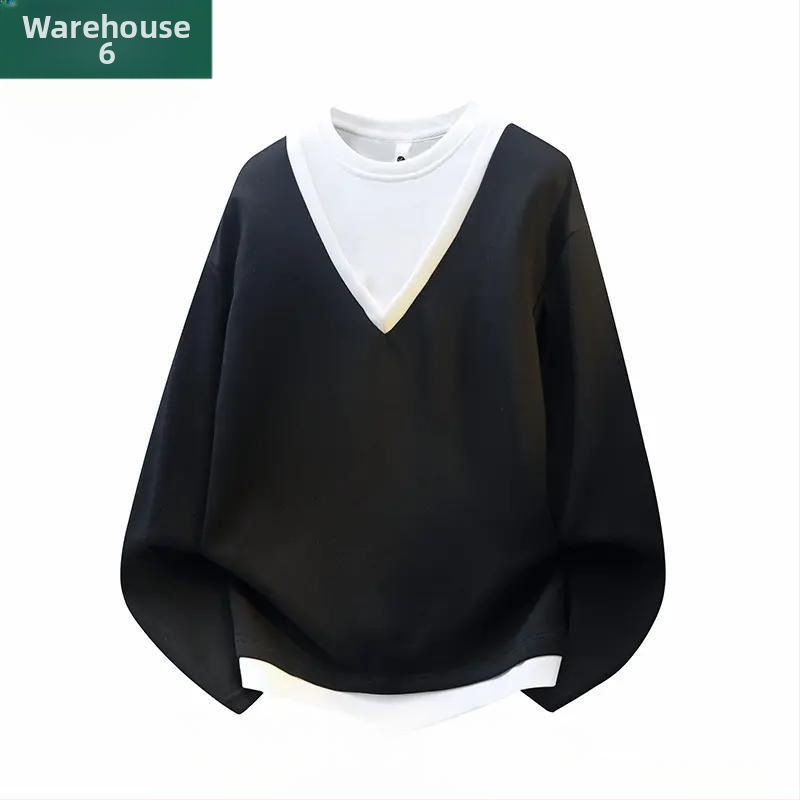 Vyrų ilgų rankovių marškiniai, fiktyvus dviejų dalių dizainas, laisvas kirpimas, apvalus kaklas, pieno baltymų pluoštas