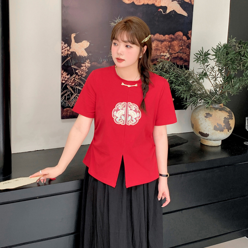 Ženski T‑shirt u retro kineskom stilu, pamuk pleteni materijal, okrugli izrez, kratki rukavi, slobodan kroj, Ljeto 2024
