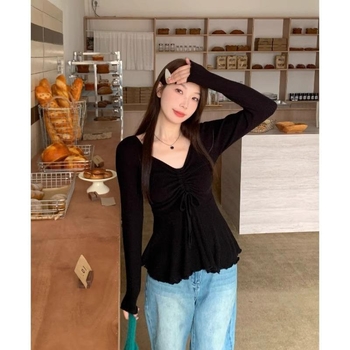 Póló T-shirt, pullover-stílusú, koreai stílus; V-nyak; hosszú ujjak; egyszínű; pamut-poliészter keverék (50-70% pamut, 50-70% poliészter)