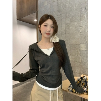 Női kapucnis hosszú ujjú pamut/spandex felső, egyszínű, szabásvonal szabályos