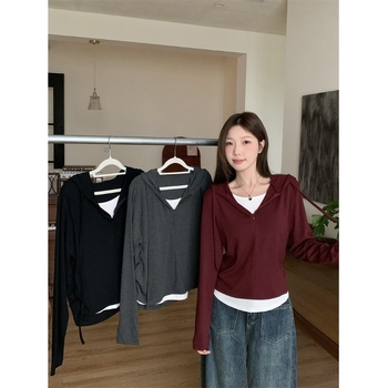 Női kapucnis hosszú ujjú pamut/spandex felső, egyszínű, szabásvonal szabályos