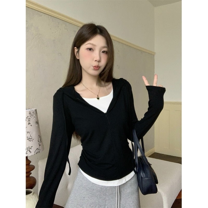 Női kapucnis hosszú ujjú pamut/spandex felső, egyszínű, szabásvonal szabályos