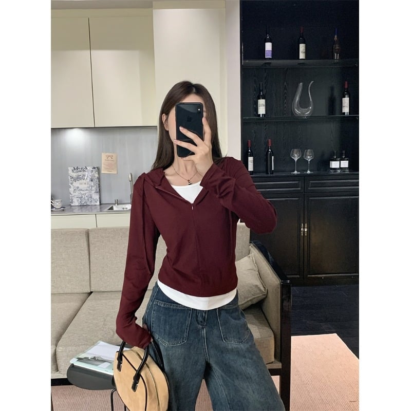 Női kapucnis hosszú ujjú pamut/spandex felső, egyszínű, szabásvonal szabályos