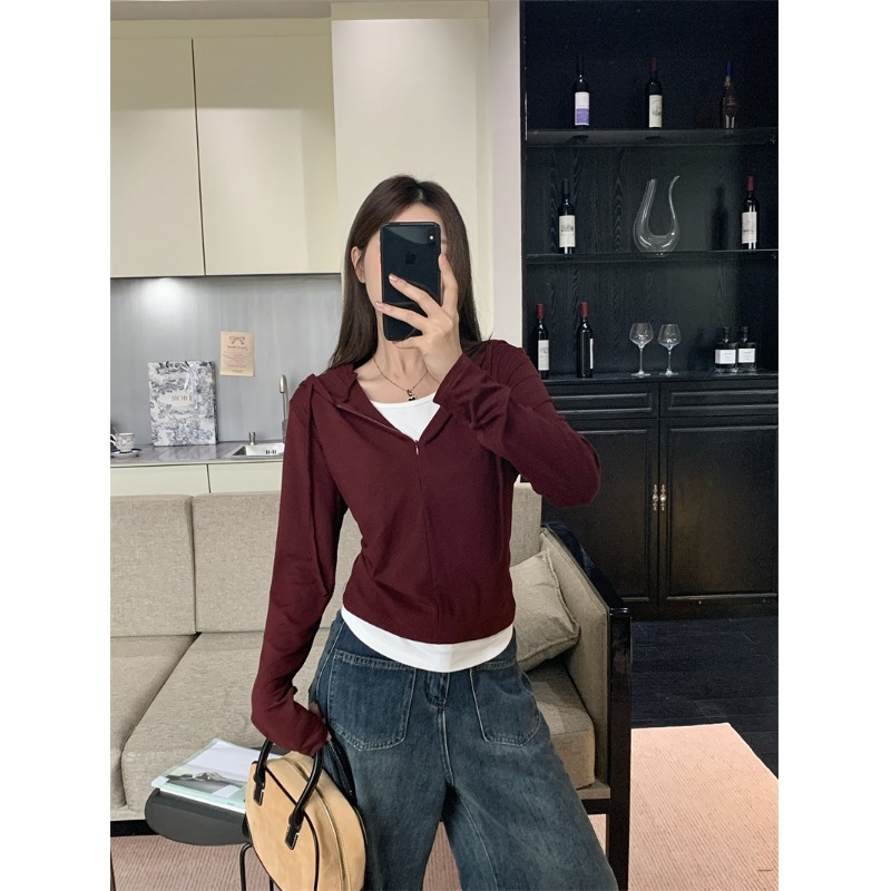 Női kapucnis hosszú ujjú pamut/spandex felső, egyszínű, szabásvonal szabályos