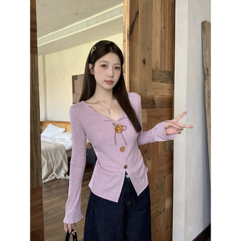 Női V-nyakú hosszú ujjú T-shirt 3D virág dísz a vállon, poliészter, 2025 ősz