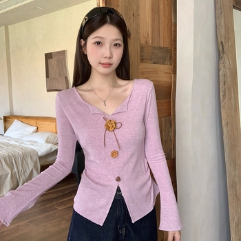 Női V-nyakú hosszú ujjú T-shirt 3D virág dísz a vállon, poliészter, 2025 ősz