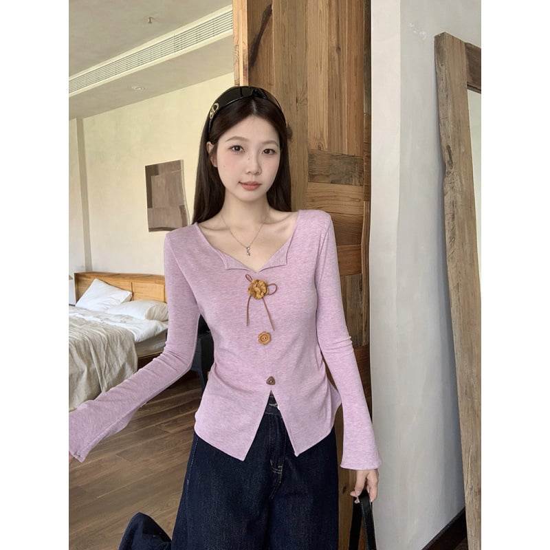 Női V-nyakú hosszú ujjú T-shirt 3D virág dísz a vállon, poliészter, 2025 ősz