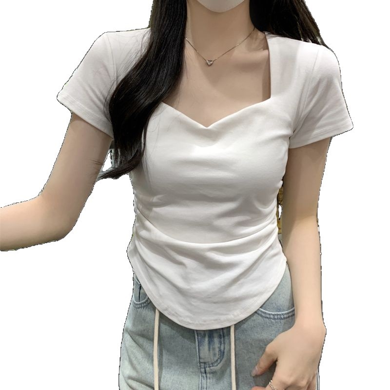 Rövid ujjú póló négyzetes nyakkal, paneles dizájn, poliészter 70–80%, karcsú fazon