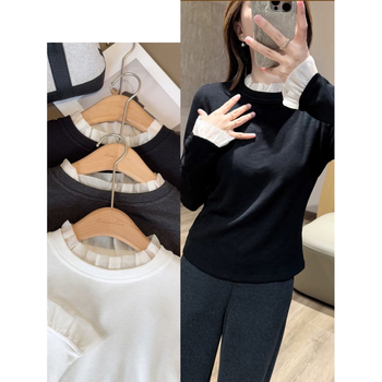 Csipke paneles női hosszú ujjú felső, fél-turtleneck gallér, poliészter, karcsúsított szabás, elegáns városi stílus