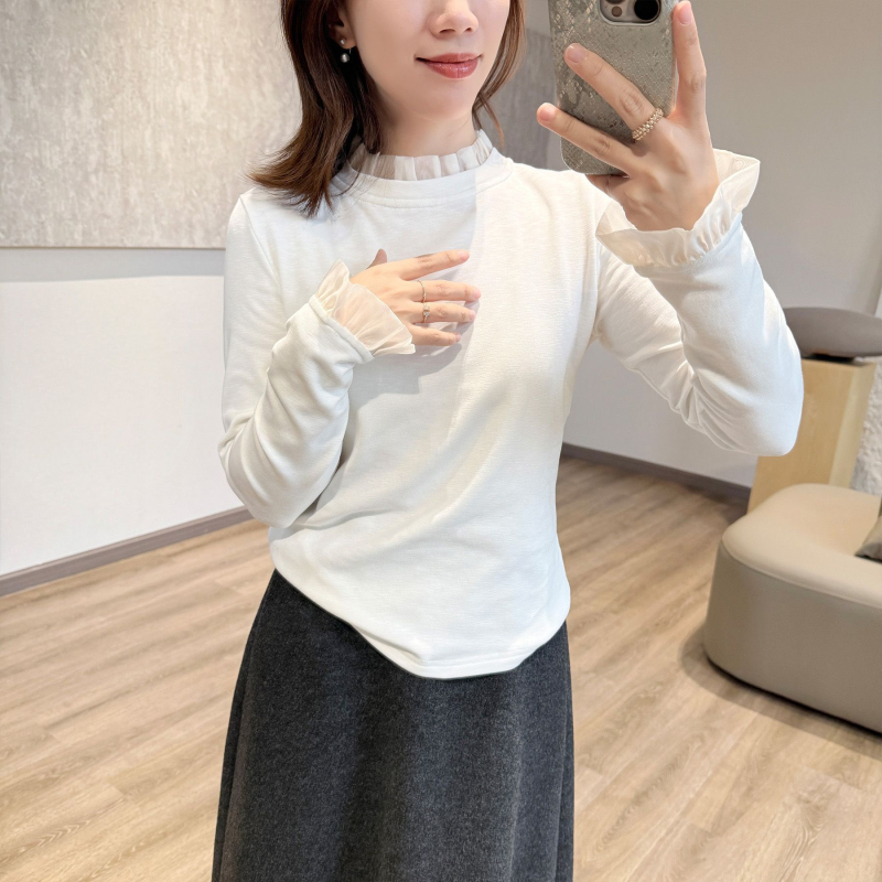 Csipke paneles női hosszú ujjú felső, fél-turtleneck gallér, poliészter, karcsúsított szabás, elegáns városi stílus