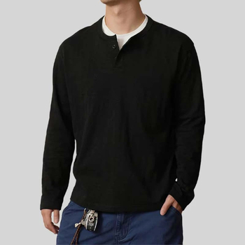 Dlhé rukávy Henley tričko z bambusovo-pamukového materiálu, štíhly strih, jednofarebný vzor, jeseň
