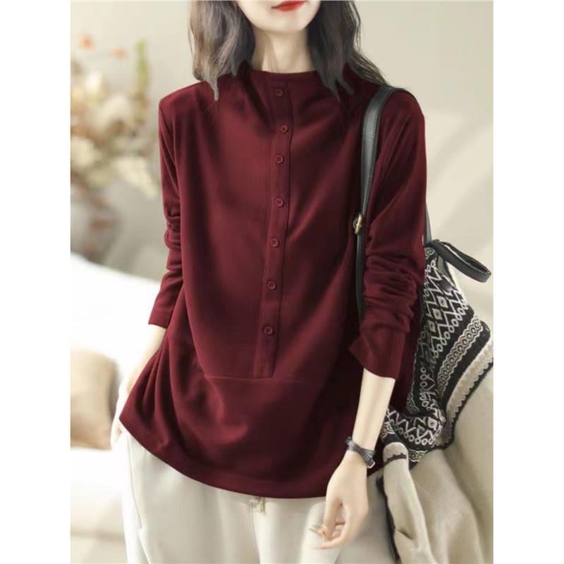 Női hosszú ujjú póló chenille anyagból, spandexszel, mock nyakú, laza szabás (Chenille; Spandex; Mock neck; Hosszú ujjú)