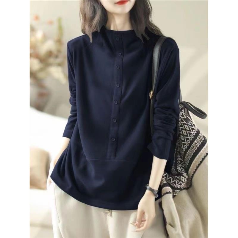 Női hosszú ujjú póló chenille anyagból, spandexszel, mock nyakú, laza szabás (Chenille; Spandex; Mock neck; Hosszú ujjú)