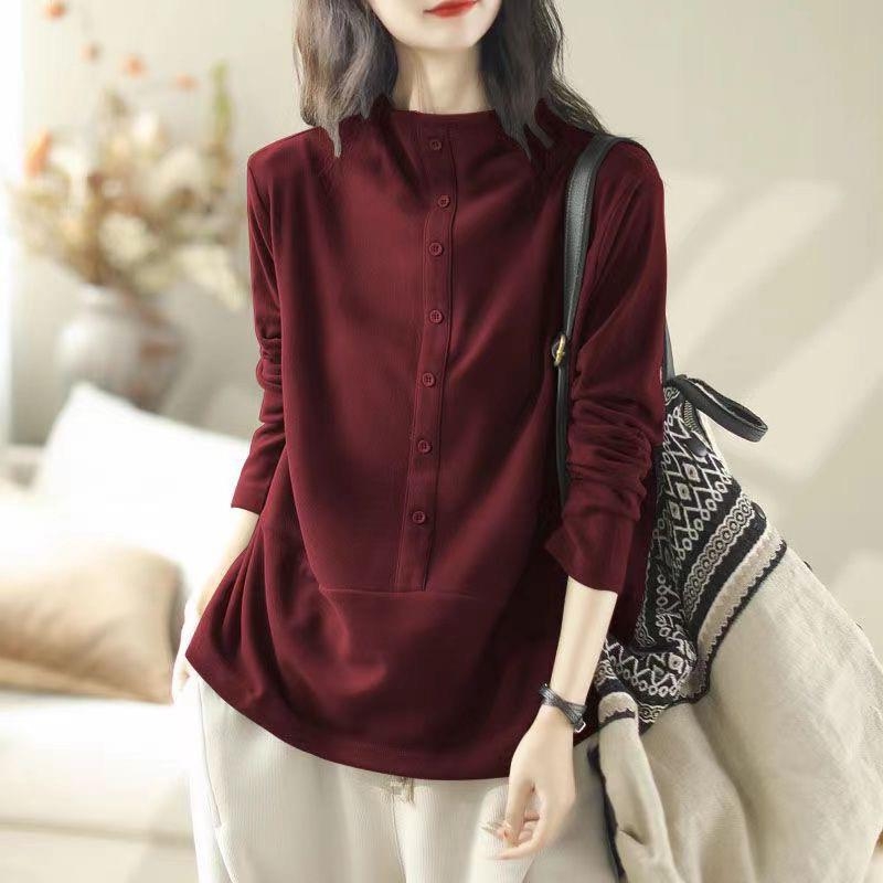 Női hosszú ujjú póló chenille anyagból, spandexszel, mock nyakú, laza szabás (Chenille; Spandex; Mock neck; Hosszú ujjú)