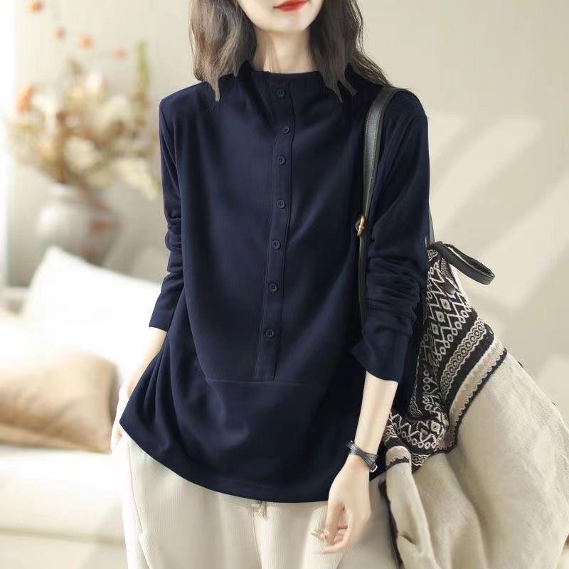 Női hosszú ujjú póló chenille anyagból, spandexszel, mock nyakú, laza szabás (Chenille; Spandex; Mock neck; Hosszú ujjú)