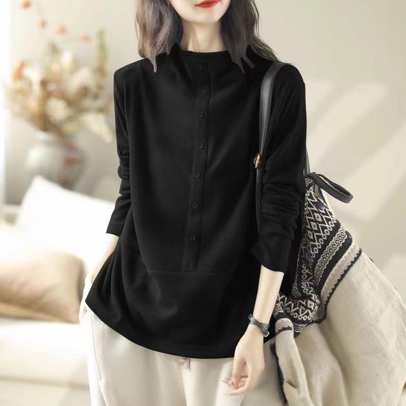 Női hosszú ujjú póló chenille anyagból, spandexszel, mock nyakú, laza szabás (Chenille; Spandex; Mock neck; Hosszú ujjú)