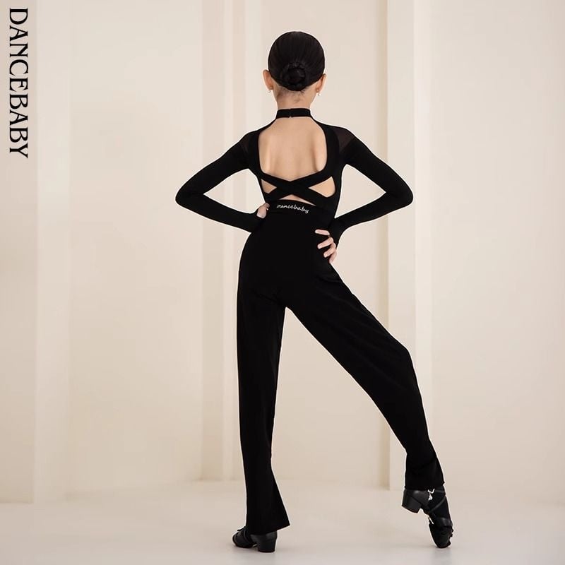 Meiteņu latīņu deju trenēšanas tops un bikses komplekts, pavasaris 2025, poliesteris (90–95%), ķīniešu stils, literārais retro