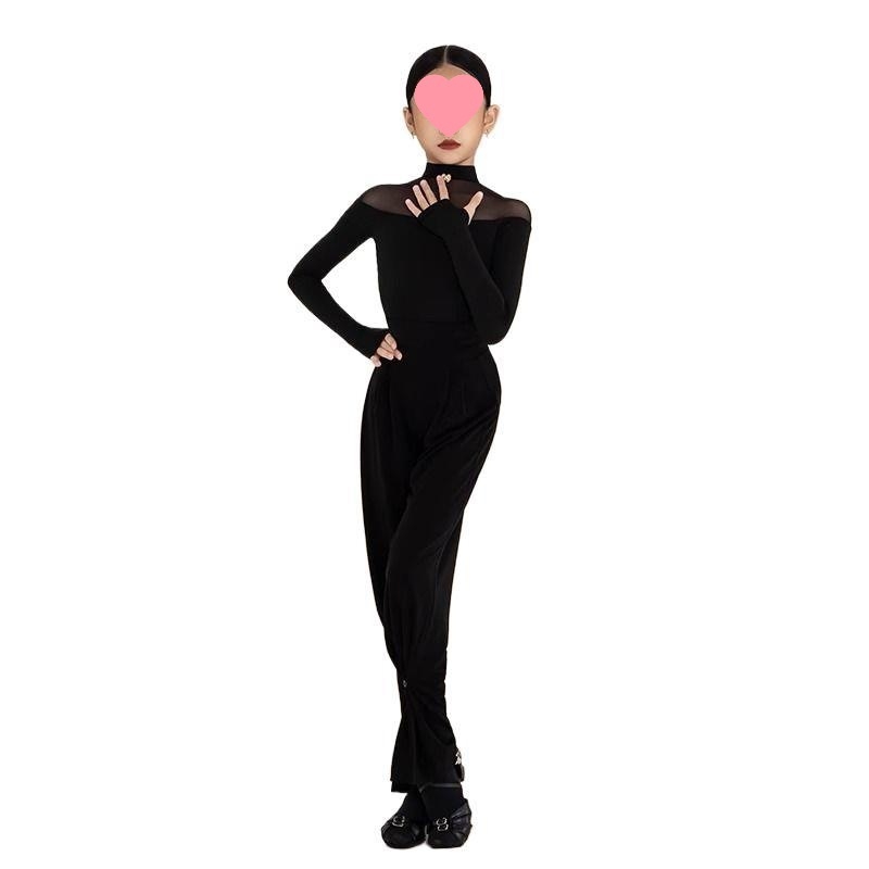 Meiteņu latīņu deju trenēšanas tops un bikses komplekts, pavasaris 2025, poliesteris (90–95%), ķīniešu stils, literārais retro