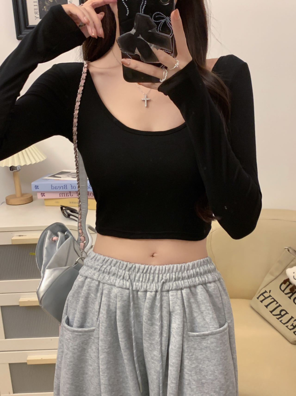 Pamučna majica s dugim rukavima, slim-fit, okrugli izrez, jesen 2024, casual stil