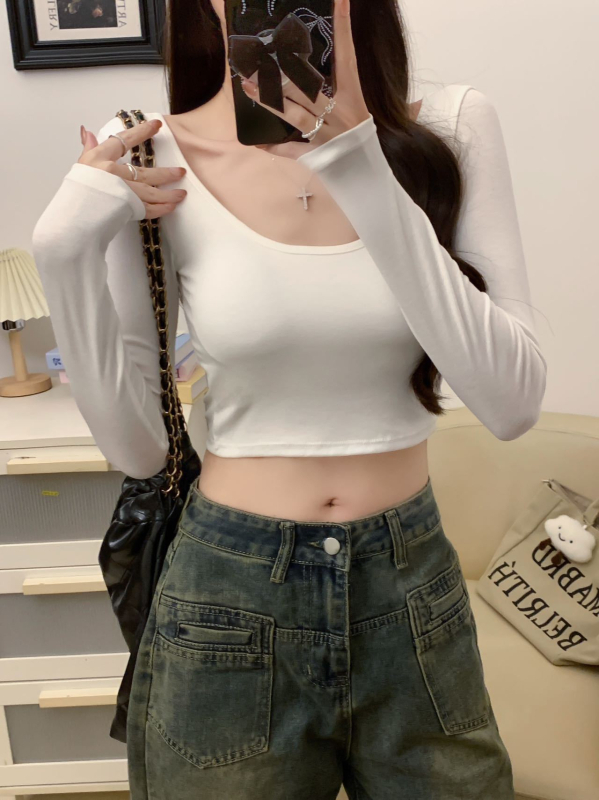 Pamučna majica s dugim rukavima, slim-fit, okrugli izrez, jesen 2024, casual stil