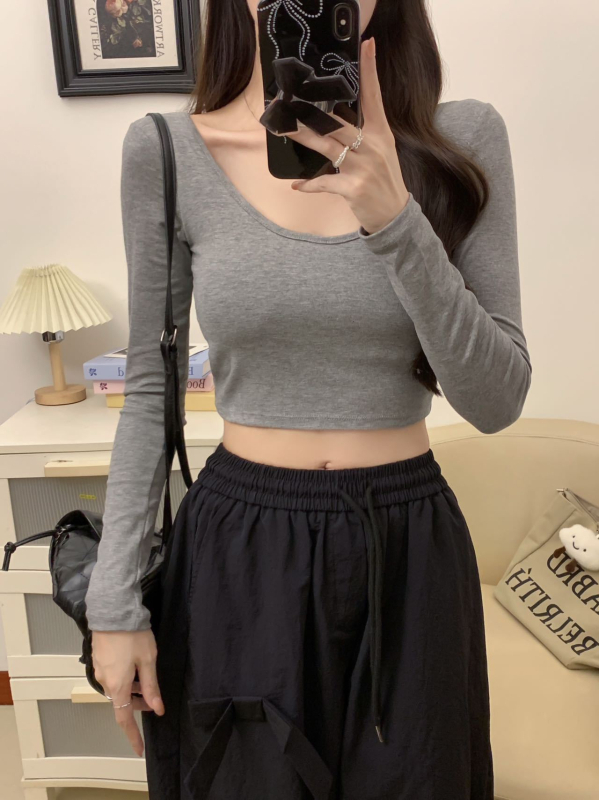 Pamučna majica s dugim rukavima, slim-fit, okrugli izrez, jesen 2024, casual stil
