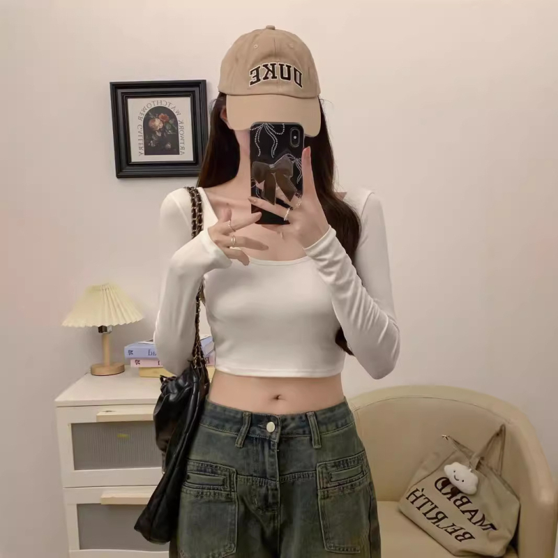 Pamučna majica s dugim rukavima, slim-fit, okrugli izrez, jesen 2024, casual stil
