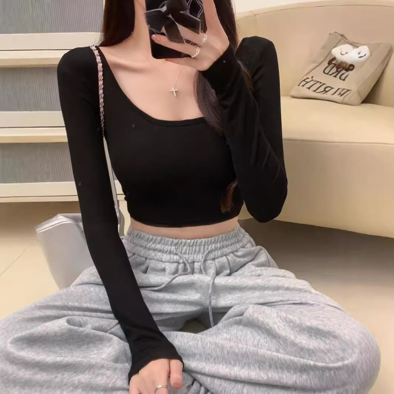 Pamučna majica s dugim rukavima, slim-fit, okrugli izrez, jesen 2024, casual stil