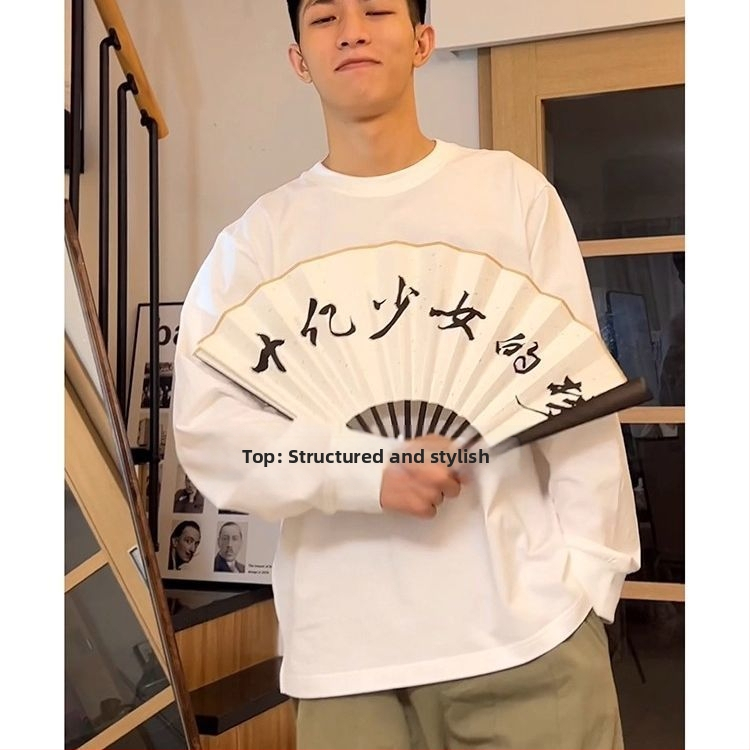 Laisva lõikega T-särk pikkade varrukatega, ümmarguse kaelaga, 96%+ puuvill, karikatuurtrükk (sügis)