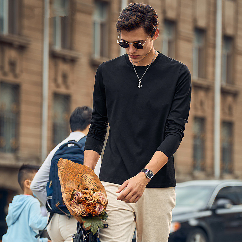 Meeste antibakteriaalne puuvillane kapuutsiga pika varrukaga T-särk, baaskiht, vaba lõige, sügis 2023