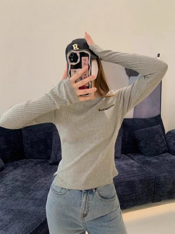Ženska majica s dugim rukavom od pamuka i elastana, Slim-fit, okrugli izrez