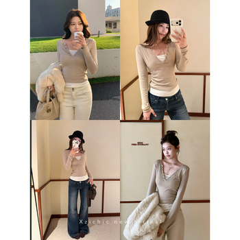 Pamut kötött hosszú ujjú T-shirt, slim fit, kerek nyak, 90–95% pamut, városi stílus