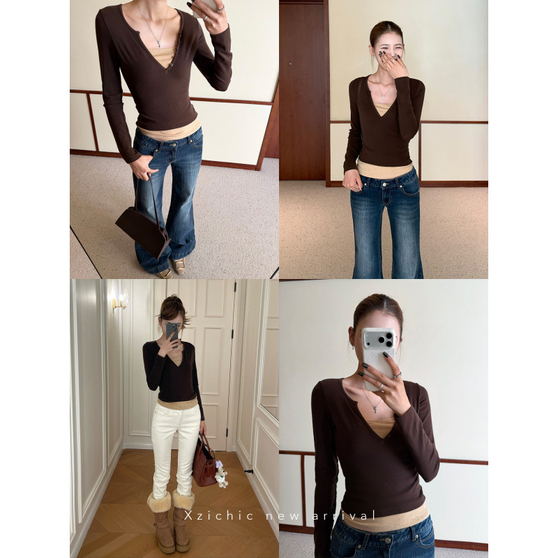 Pamut kötött hosszú ujjú T-shirt, slim fit, kerek nyak, 90–95% pamut, városi stílus