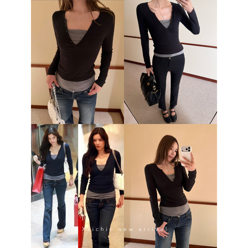 Pamut kötött hosszú ujjú T-shirt, slim fit, kerek nyak, 90–95% pamut, városi stílus