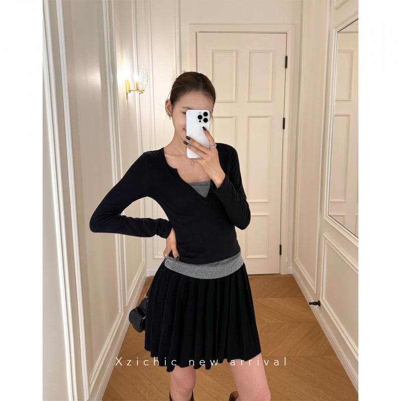 Pamut kötött hosszú ujjú T-shirt, slim fit, kerek nyak, 90–95% pamut, városi stílus