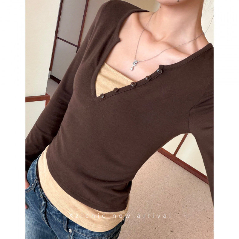 Pamut kötött hosszú ujjú T-shirt, slim fit, kerek nyak, 90–95% pamut, városi stílus