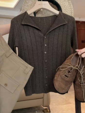 Koreai stílusú női kötött kardigán kapucnival, karcsú fazon, hosszú ujjú, polo gallér, poliészter kötött anyag